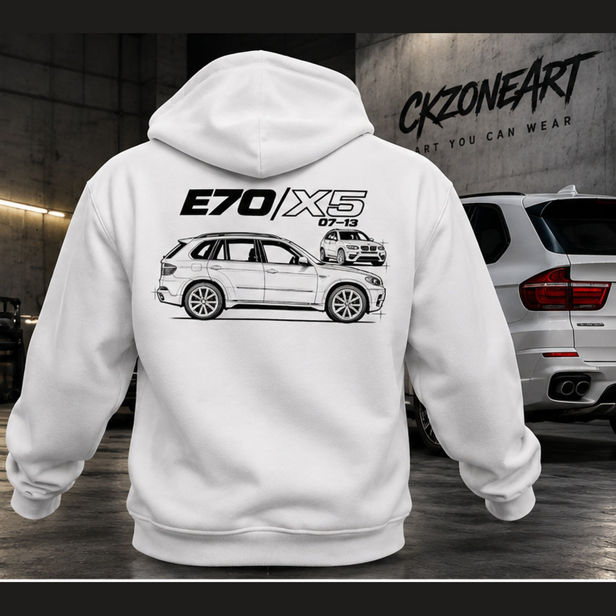 BMW X5 E70 white hoodie back – CKZONEART branded backdrop