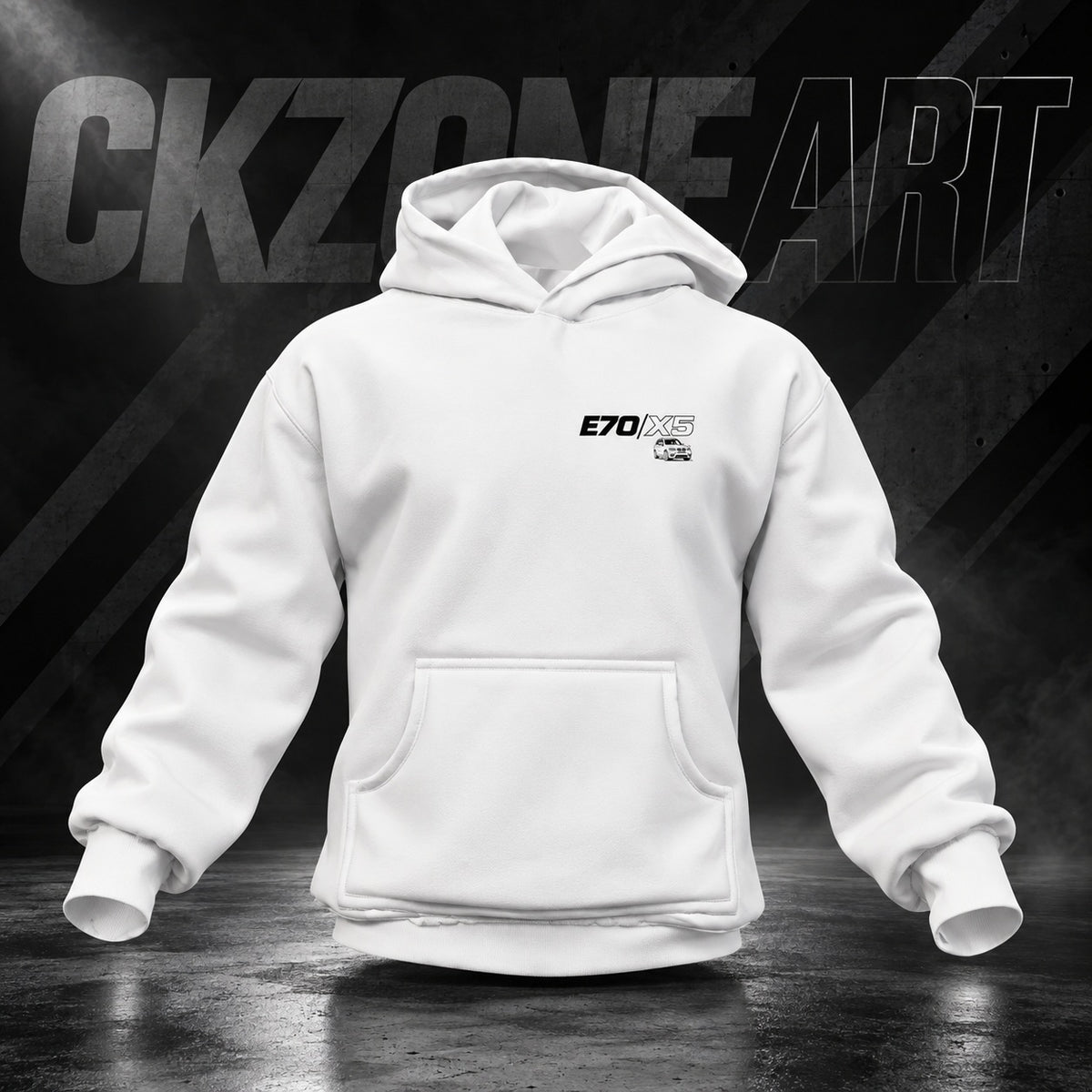 BMW X5 E70 white hoodie front – CKZONEART branded backdrop