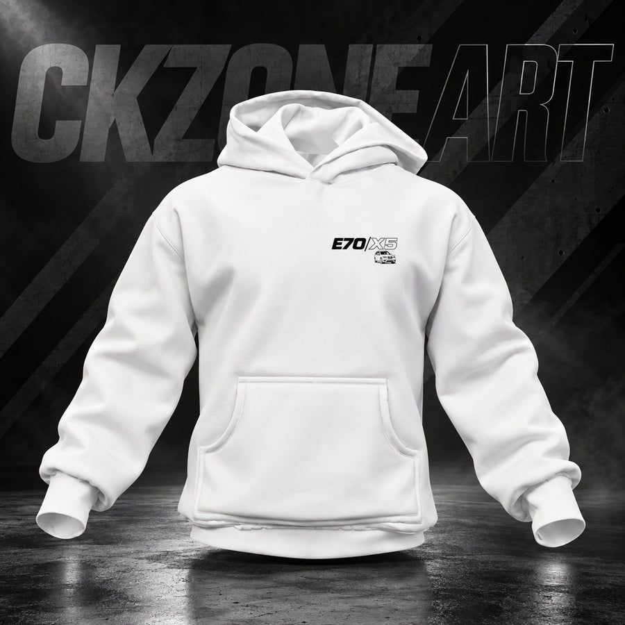 BMW X5 E70 white hoodie front – CKZONEART branded backdrop
