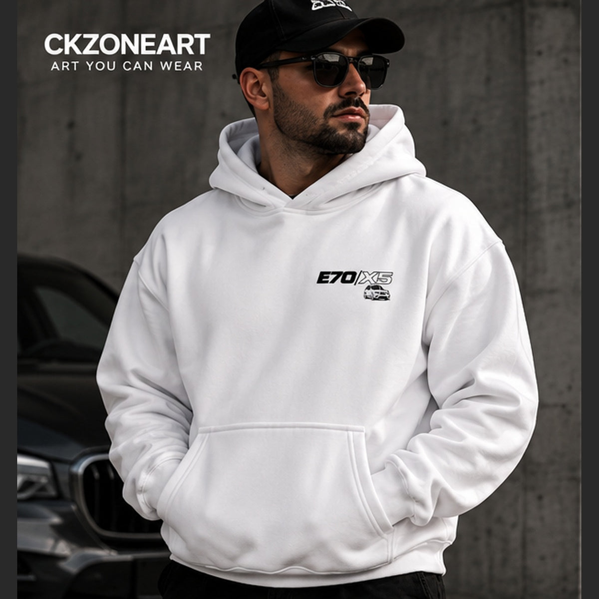 BMW X5 E70 white hoodie lifestyle front – CKZONEART